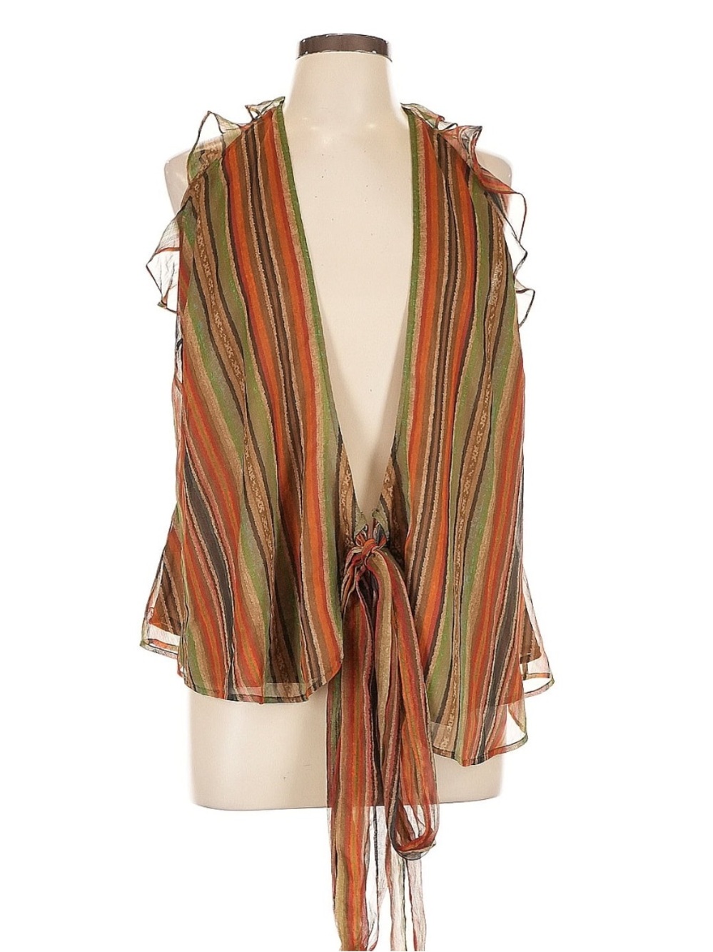Ralph Lauren Sheer Striped Tie-Front Vest in Olive, Rust & Cream